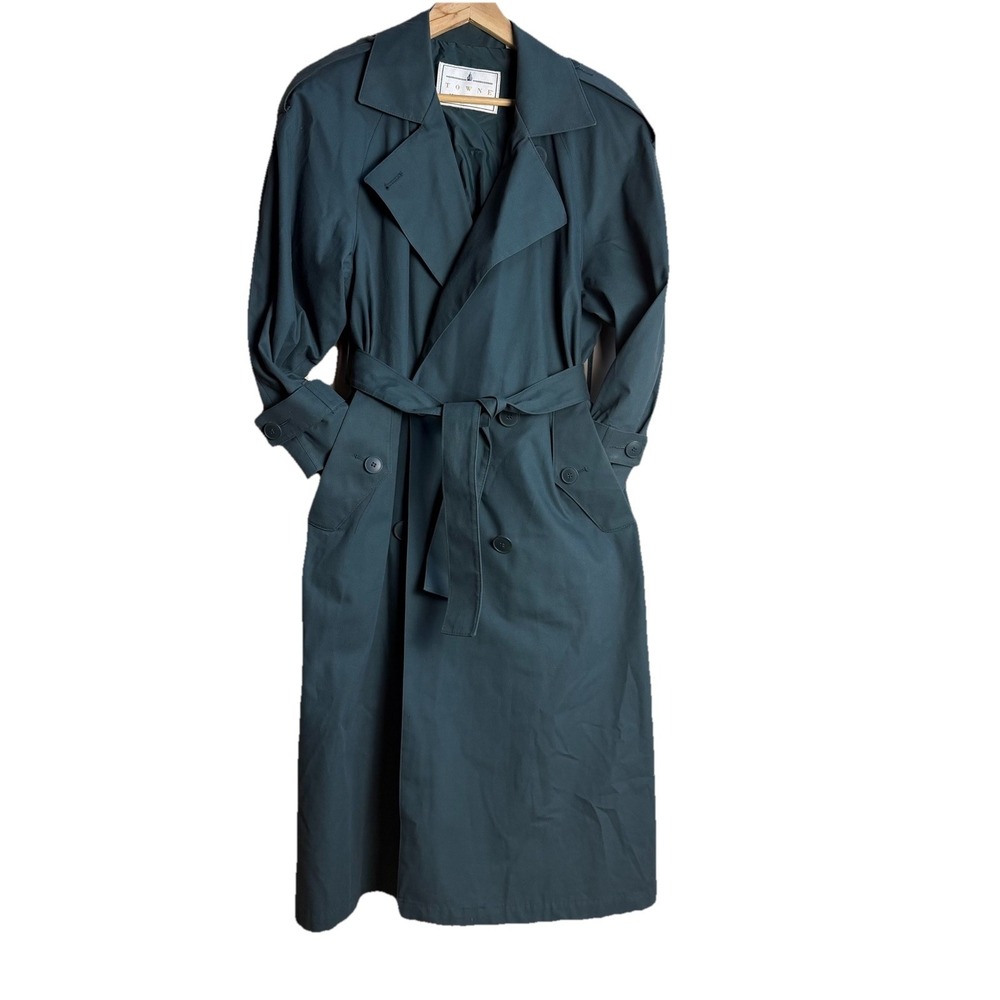 Vintage TOWNE BY London Fog Trench Coat Long Lined Dark Green-10 P. Made in USA